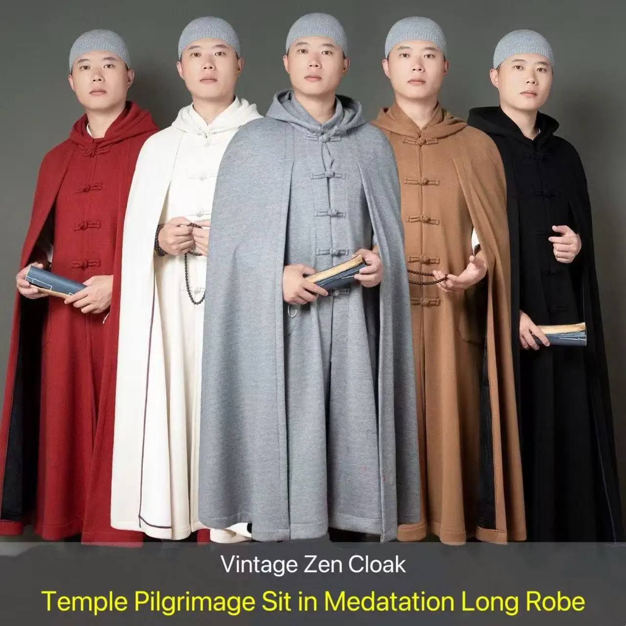 

Monk's Hooded Cloak Men Women Traditional Temple Sit in Costume Vintage Autumn Winter Meditation Pilgrimage Long Robe withPocket