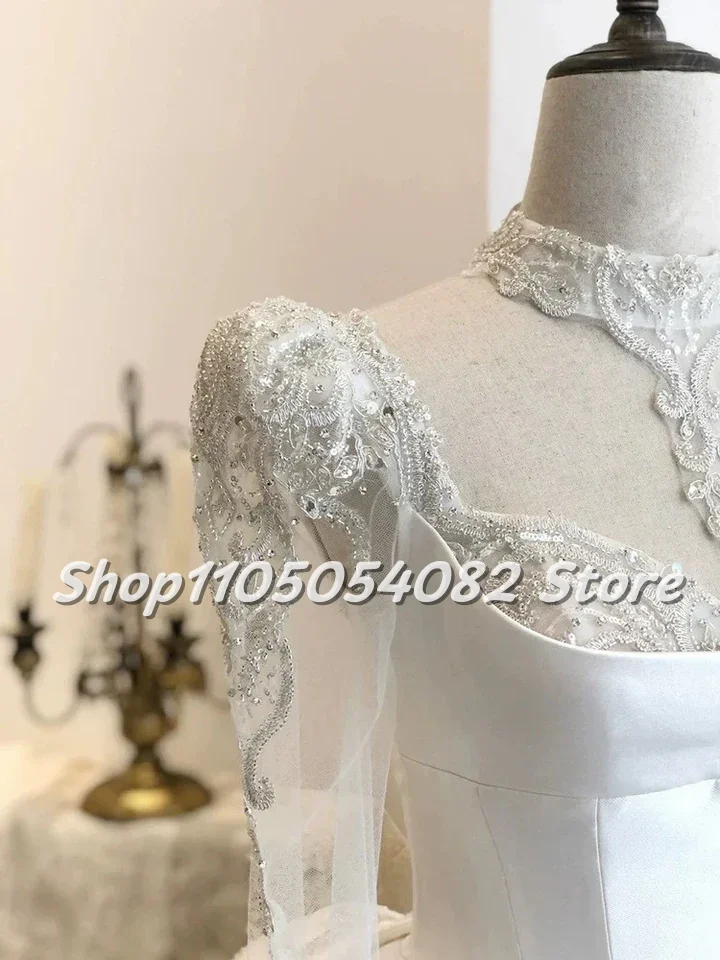 Vestido de novia Vintage elegante de lujo personalizado, encaje de lentejuelas con cuentas, adornado, mangas largas, corte en A, tren, boda sin espalda, 2025