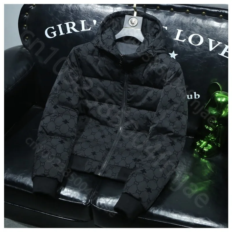 Plush printed winter thick down jacket for men, high-end warm and slim fit hooded jacket, black down jacket warm heated jacket