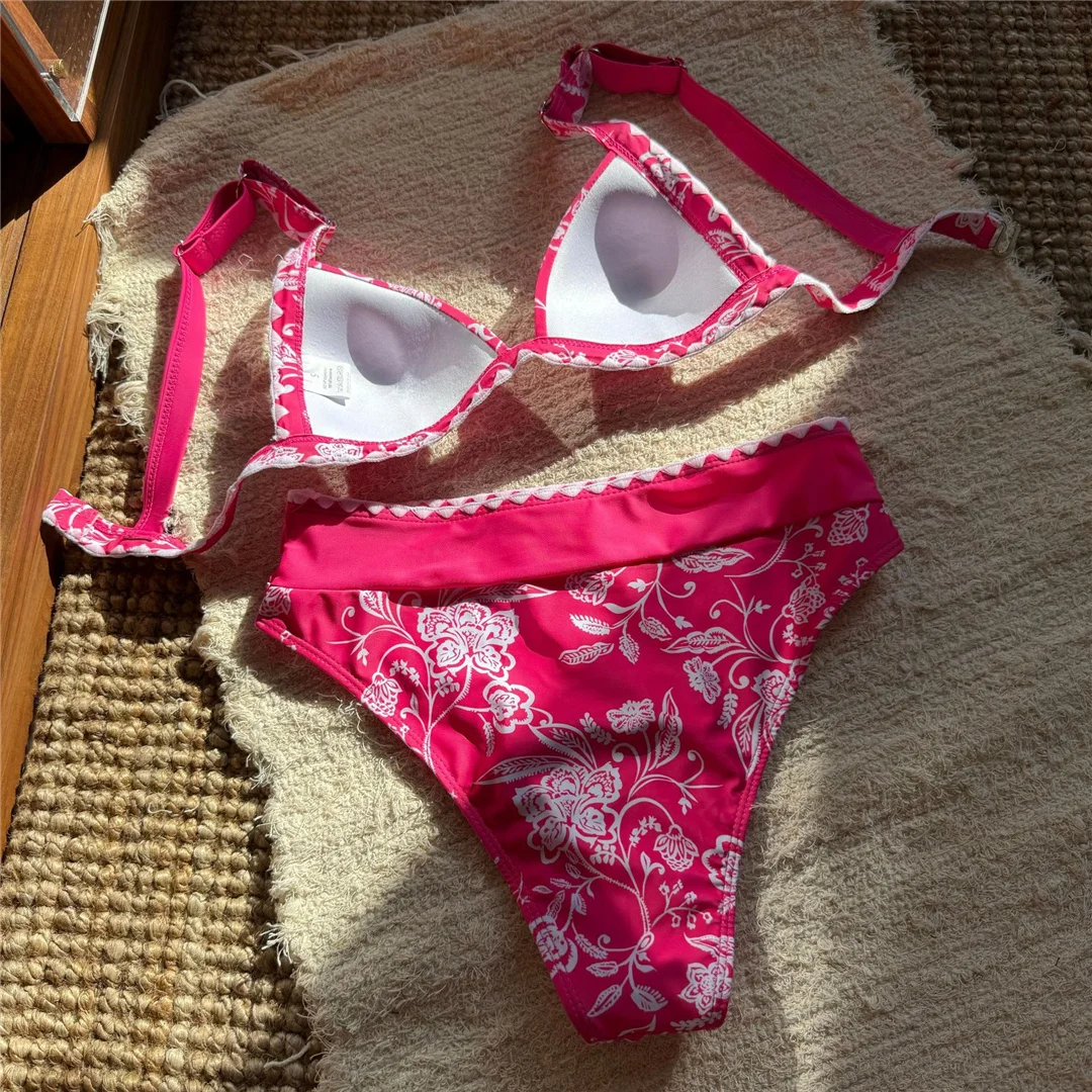 Neuer, mit Blumenmuster bedruckter BH, Damen-Badeanzug, Bikini mit hoher Taille, zweiteiliges Bikini-Set, Badebekleidung, Badeanzug, Modell V6413. – Detail 8