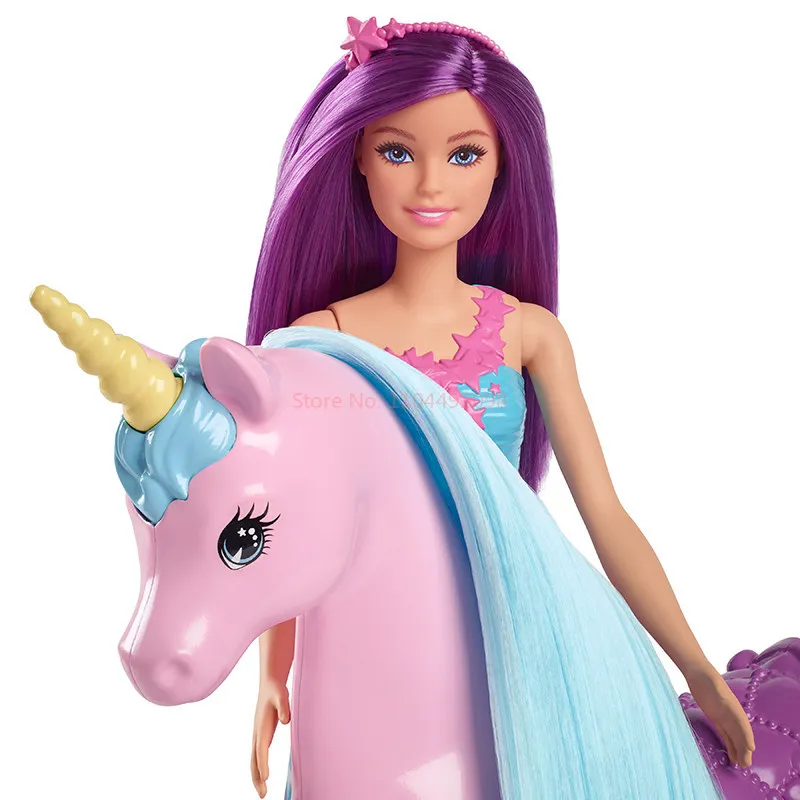 Poupée Barbie aux cheveux violets et ensemble de jeu licorne rose, jouet de simulation pour petites filles, cadeau idéal pour anniversaire ou vacances
