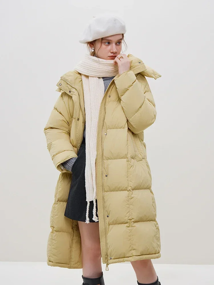 FSLE 240G Filling Capacity Retro Urban Commute Simple Korean Style Hooded Mid-Length Down Jacket Yellow Thicken Female Down Coat