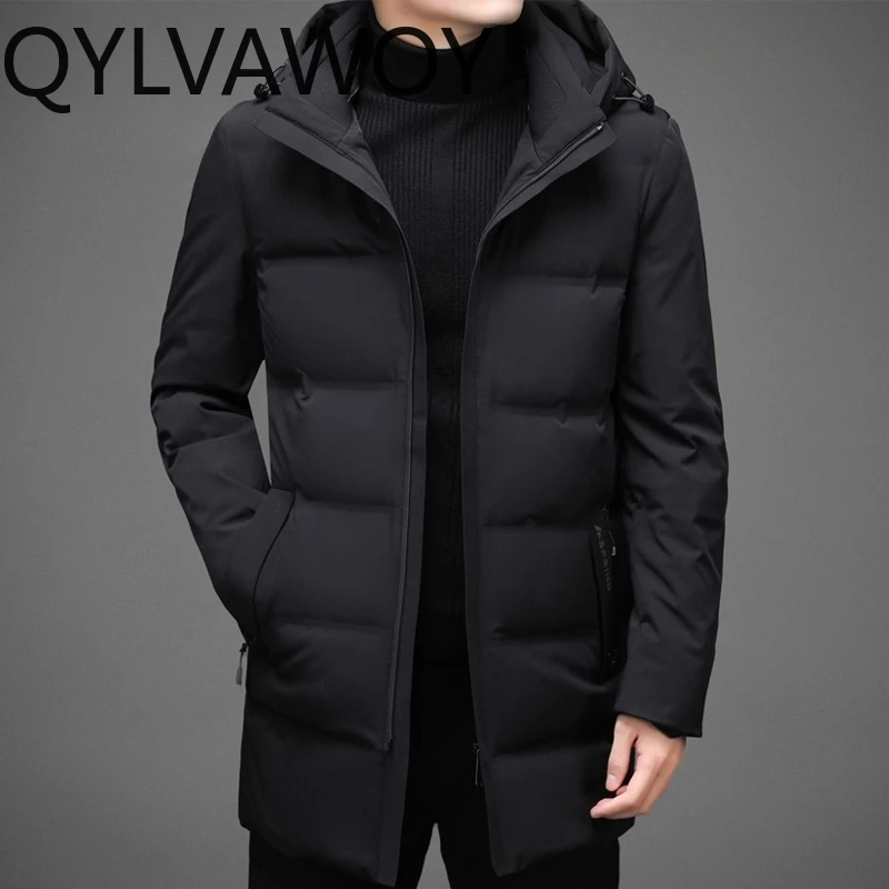QYLVAWOY 90% Polyamide Men's Winter Mid-Length Hooded Down Jacket Dad's Winter Outerwear LJ2169