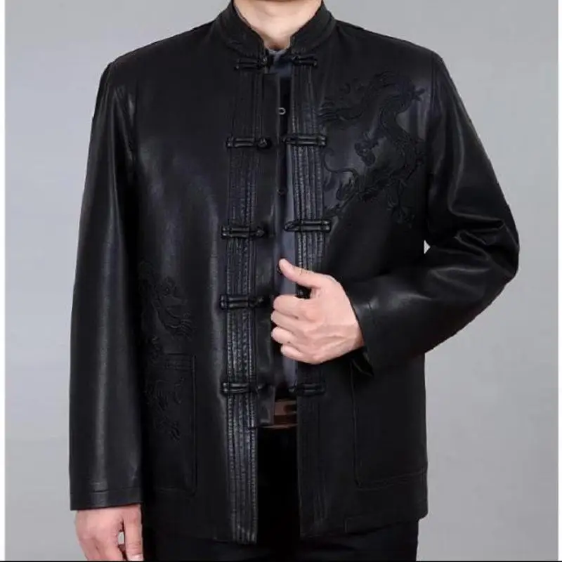 

Chinese Style Men's Leather Coat Men Clothing Loose Embroidery Coats Size M-4Xl Tang Suit Chinoiserie Jackets Outerwear Brand