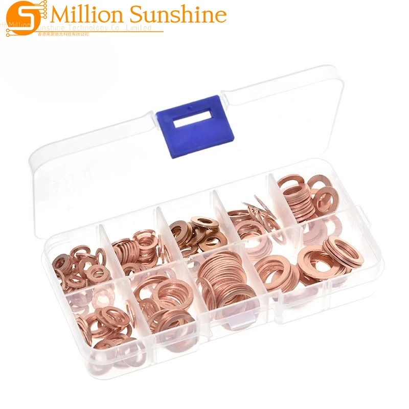 200pcs M5-M14 Professional Assorted Copper washer gasket set flat ring seal assortment Kit with Box For hardware accessories