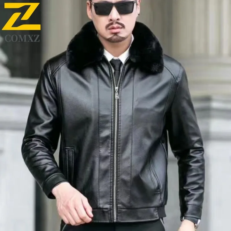 COMXZ 2025 Mens Winter Leather Jacket Fleece Lined Thick Warm Windproof Waterproof Fur Collar Business Coat for Middle Aged Men