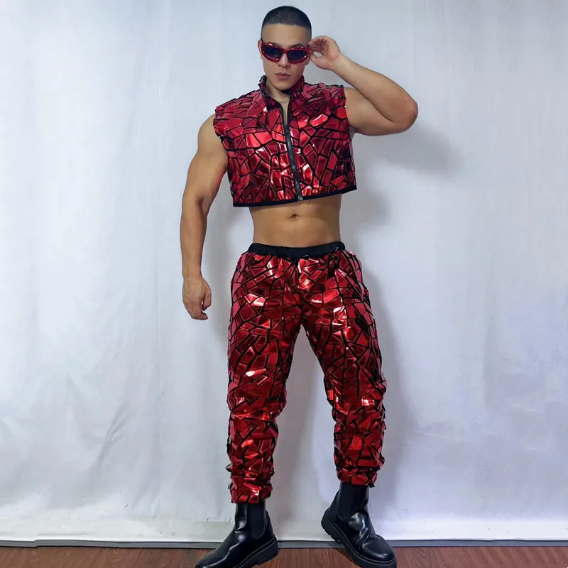 Silver Red Laser Sequins Vest Pants Jazz Hip Hop Dance Costume Male Singer Dancer Groups Nightclub Carnival Party Stage Wear