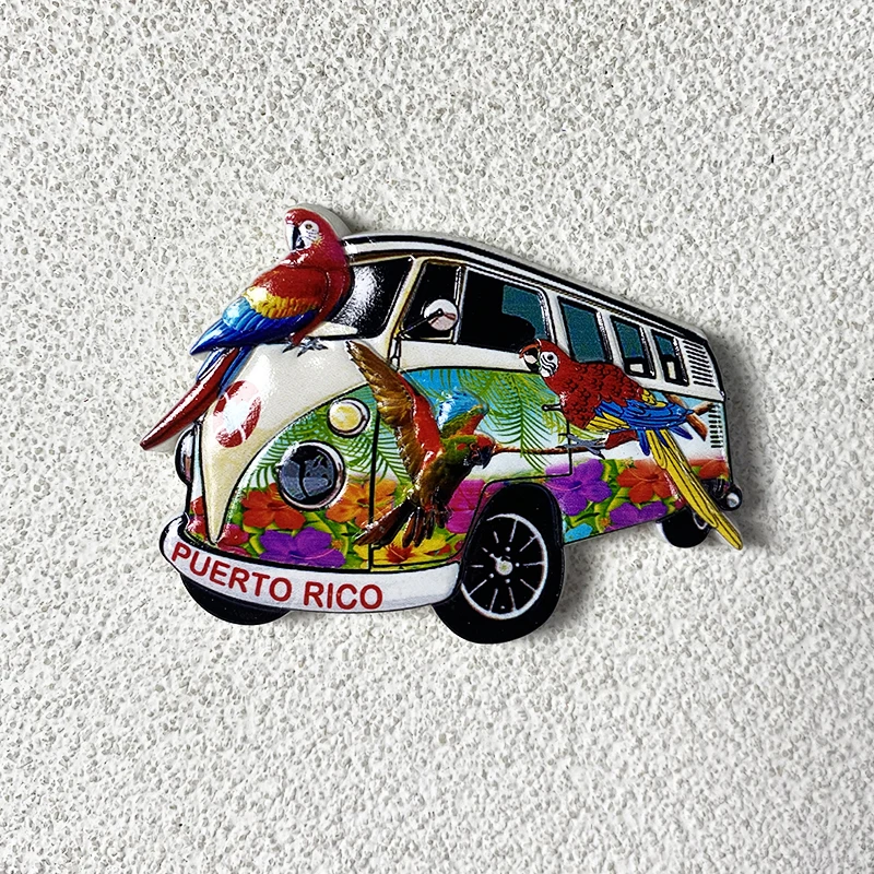 Puerto Rico Souvenirs Home Improvement Items Collection Gift Minibus, parrot 3D stereo magnetic fridge magnets