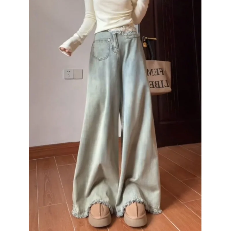 2025 Jeans da donna a gamba larga a vita alta azzurri con vita in pizzo e orlo sfilacciato Pantaloni in denim larghi Moda Casual Streetwear