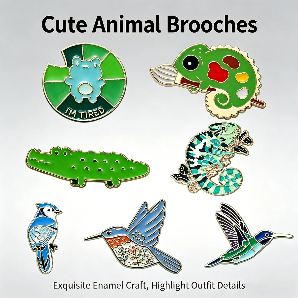 Cute Animal Enamel Pins Frog Chameleon Crocodile Hummingbird Lapel Badges Cartoon Bird Brooches Backpack Jewelry Gift