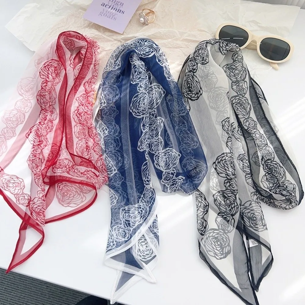 Lightweight Chiffon Scarf Chiffon Fabric Floral Print Neck Scarf Versatile Accessory Sheer Material Skinny Scarf Casual Wear