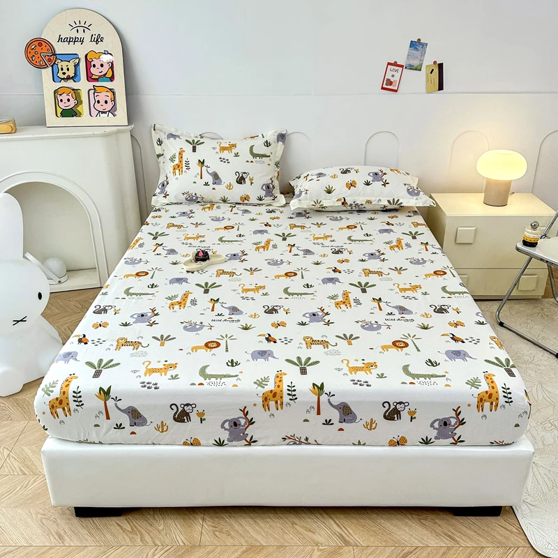 Cartoon Zoo Animal Fitted Sheet with 2 Pillowcase Cotton Safari Animals Bed Sheet Set for Boy Girl Cute Elephant Koala Bed Cover