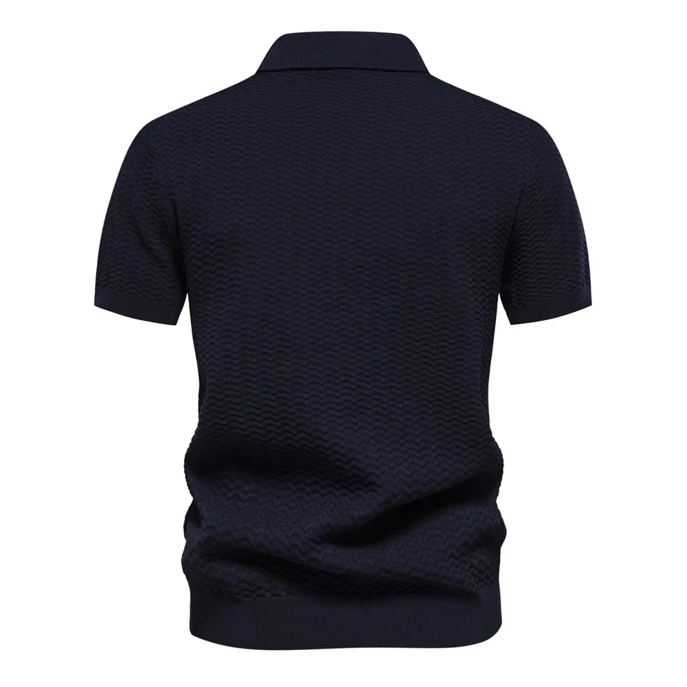 LIBIELIY 2025 Summer New Fashion Men's High Quality Zipper Turn-down Collar Short Sleeve Striped T-shirta Casual Business Trendy