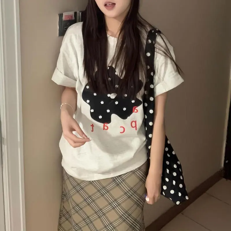 

Stylish Korean Printed Flowers Vintage T-shirts Summer New Short Sleeve Female Clothing Letter Basic Round Neck Loose Pullovers
