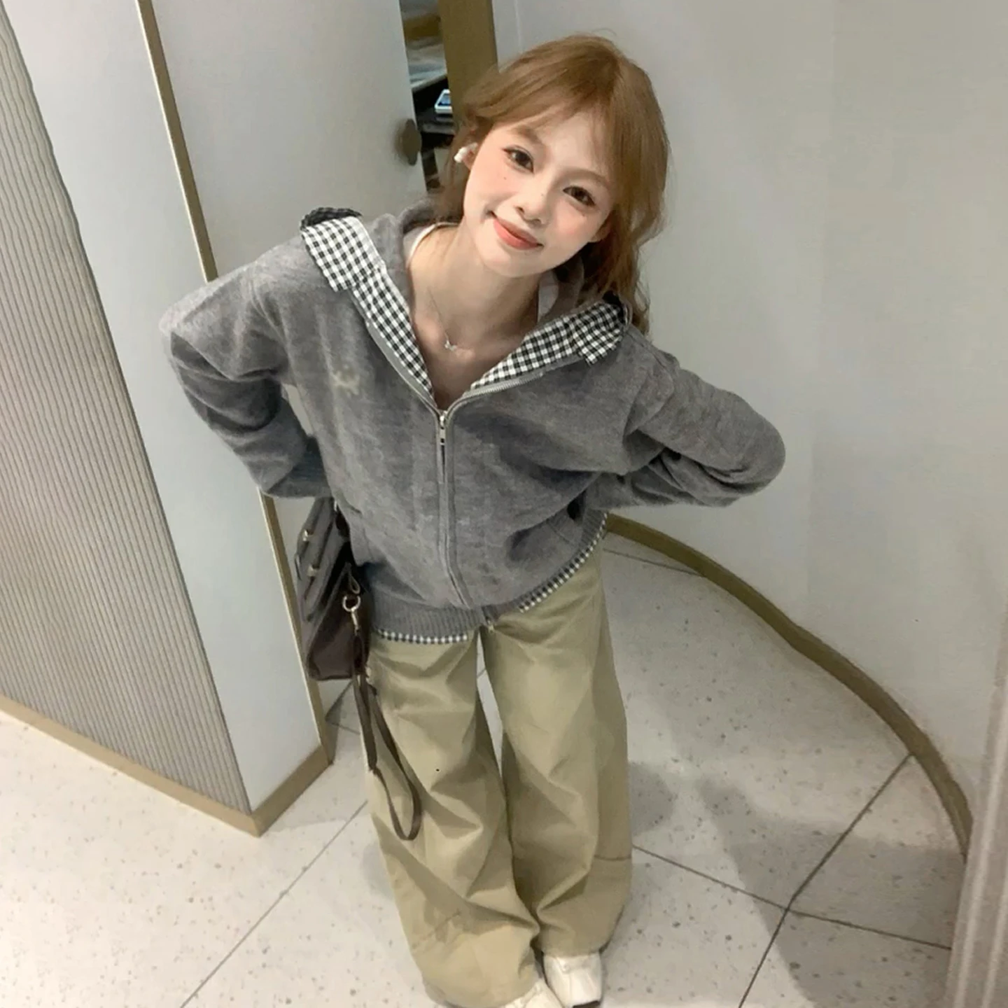 

Корейский вязаный кардиган в клетку для женщин, свободный свитер на раннюю весну, модный топ-кардиган