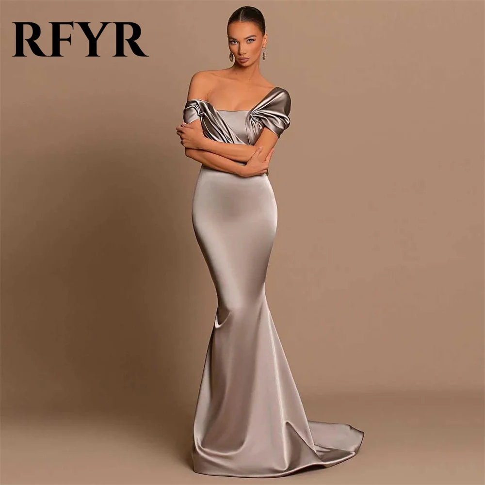 

RFYR Gray Prom Dress Strapless Trumpet Evening Dresses Luxury Off The Shoulder Party Dresses with Pleats Satin Robe De Soirée