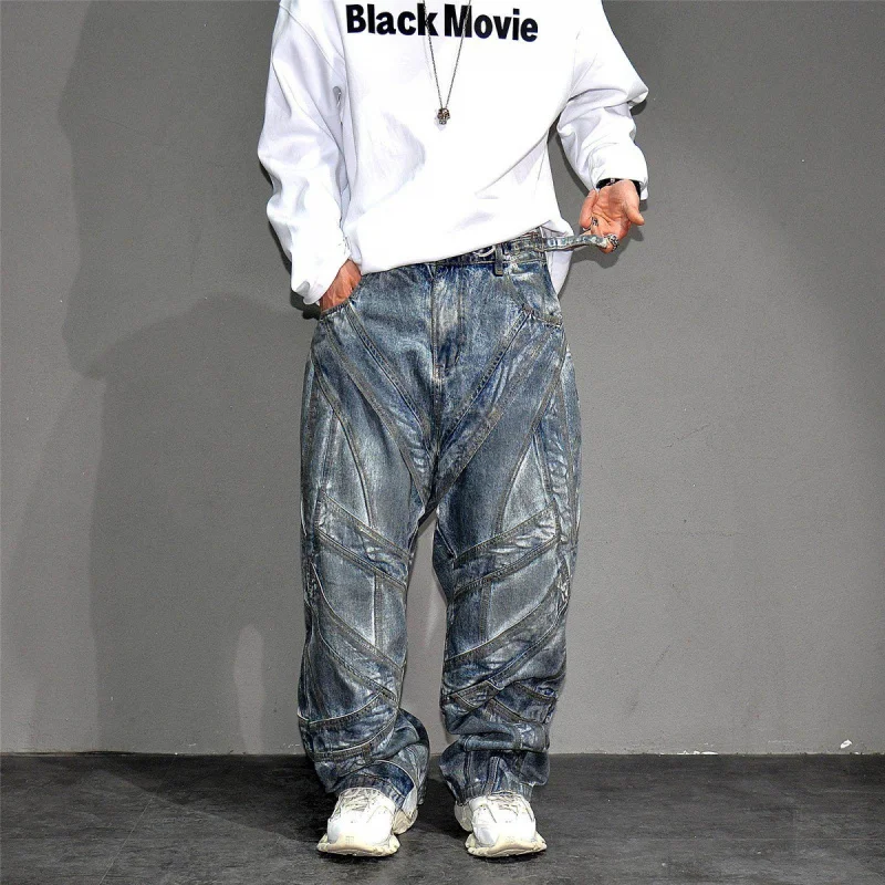 Heavy Duty Vintage Dirty Wash Design Wide Leg Jeans, Men’s Vibe Trendy Loose Big Size Denim Trousers
