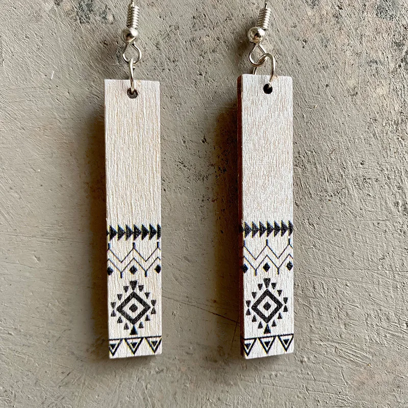 Simple Wooden Jewelry Aztec Print Pattern Earrings European Popular Rectangular Wooden Earrings