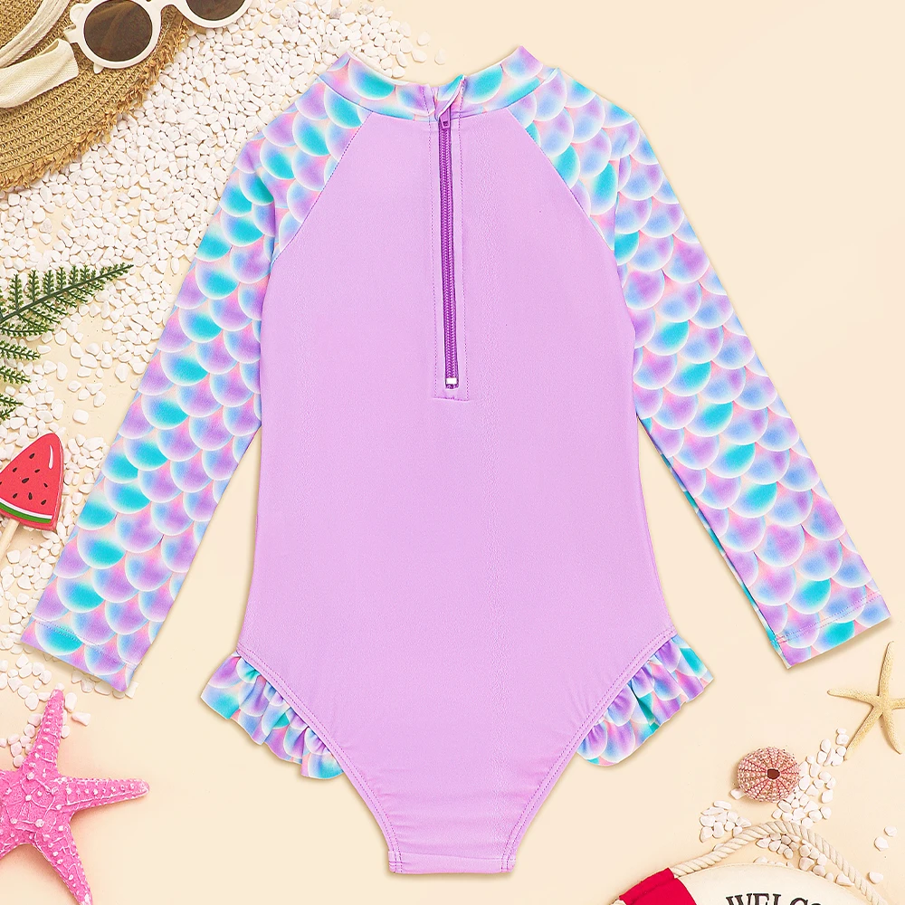 Baby Girl Cute Unicorn Print Swimsuit One Piece Long Sleeve Swimwear Toddler Ruffle Bathing Suit Zipper Beach Outfit