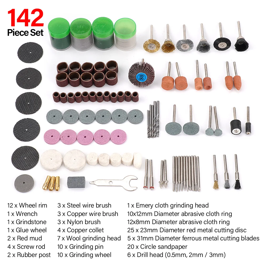 142pcs moedor elétrico ferramenta rotativa acessório bit set para dremel moagem lixar disco de polimento disco de perfuração cortador de ponta da roda