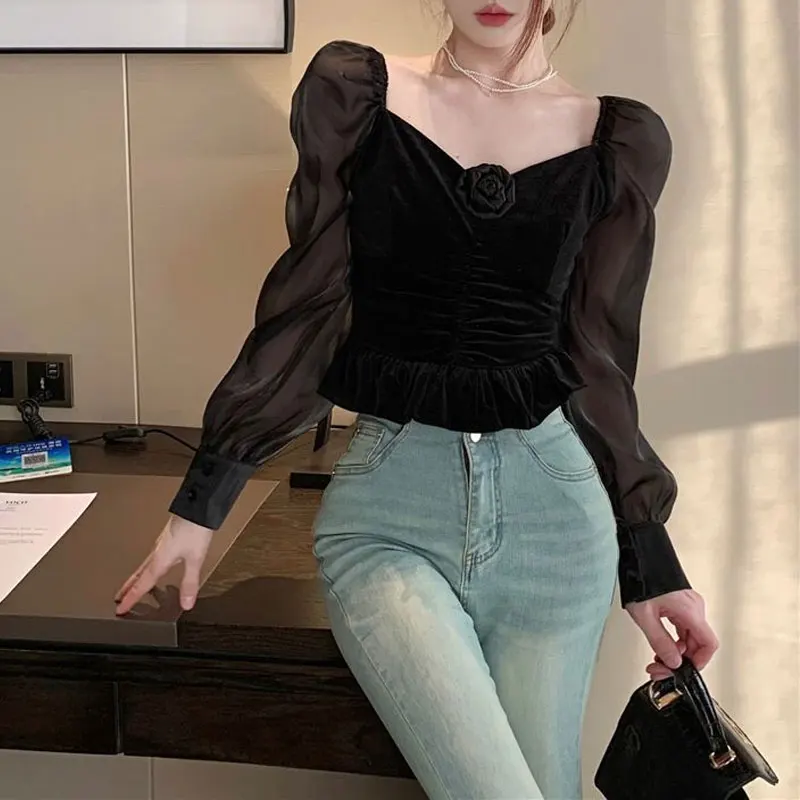 Women Black Velvet Elegant Puff Sleeve Slim Shirts Square Collar 3D Rose Autumn Sheer Patchwork Ruched Ruffle Hem Party Blouse
