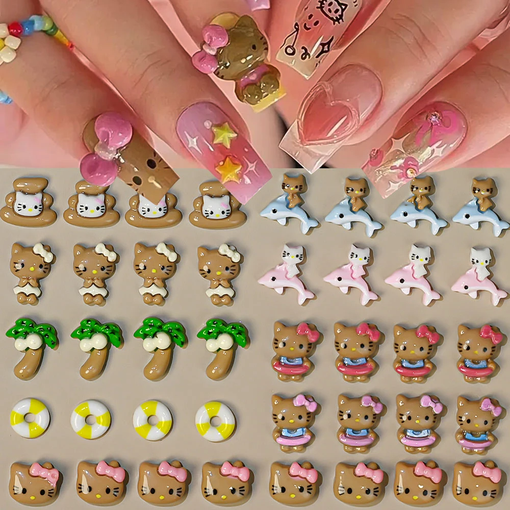 50pcs Mini Black Skin Kitty Cat Nail Accessories Summer Cartoon Nail Charms 3D Bow Hello Kitty Coconut Tree Dolphin Nails Decora