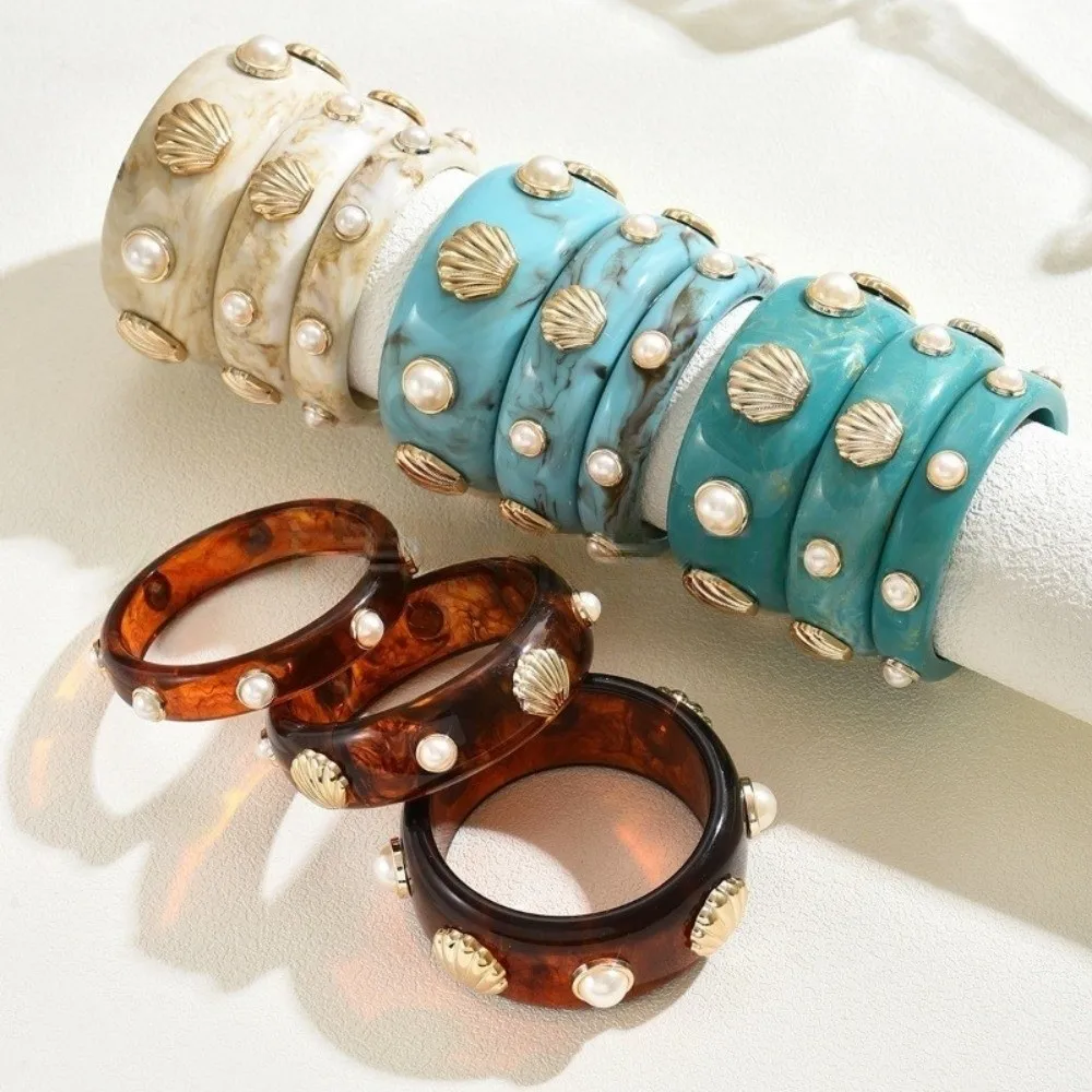 New Pearl Shell Resin Cuff Bracelet Marbling Round Wide Cuff Bracelet Geometric Exaggerated Chunky Bangle Gifts