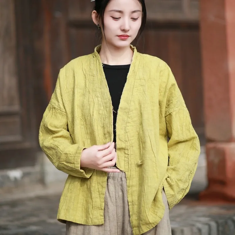 

Sand Wash Ramie Worn Plate Button Top Coat Women Chinese Style One Button Coat Cardigan LX1757