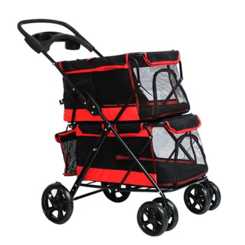 Luxury Double Decker Traveling Pet Stroller for 2 Dogs in Bag 4 Wheels Foldable Double Dog Pet Stroller Stylish