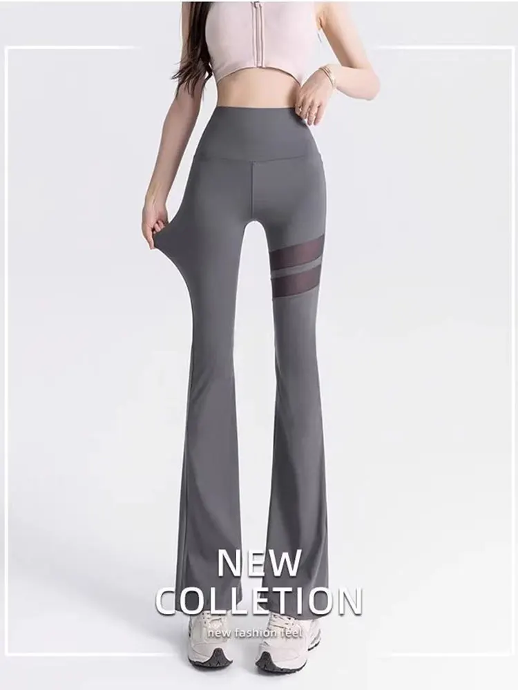 Hollow Out Sexy Sport Flared Trousers Women Spring Summer Thin Mesh Patchwork High Waist Pants Ladies Stretch Yoga Pants