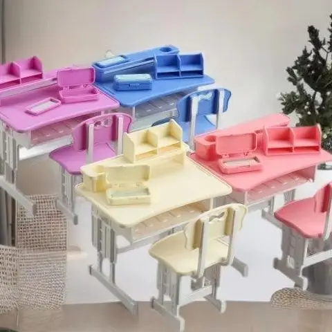 1/12 Scale Miniature School Desk And Chair Set for Dollhouse Micro Scene Display Props Collectible Furniture for Dollhouses