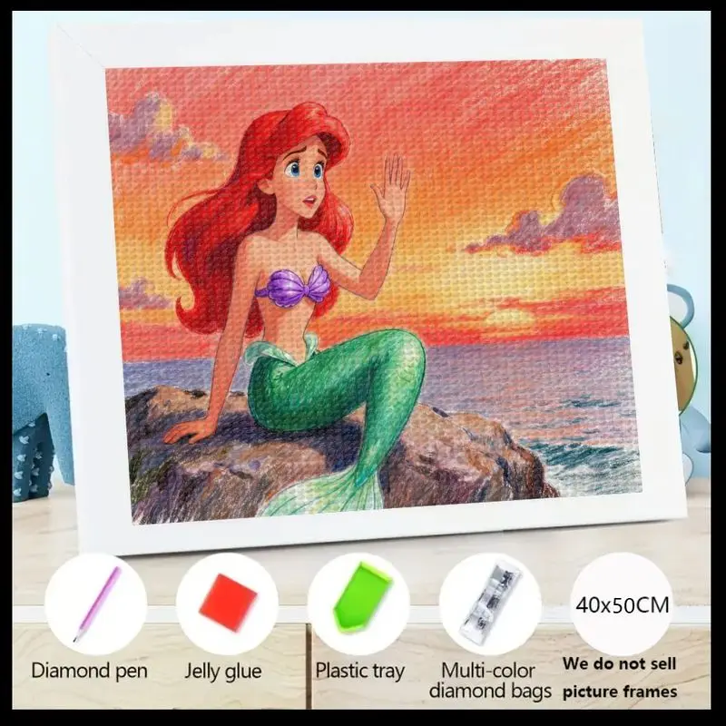 

1 шт. 5D DIY Полный дрель Набор для алмазной живописи, с принцессой Диснея Ариэль Русалонькой, сидящим на камнях на ярком солнце