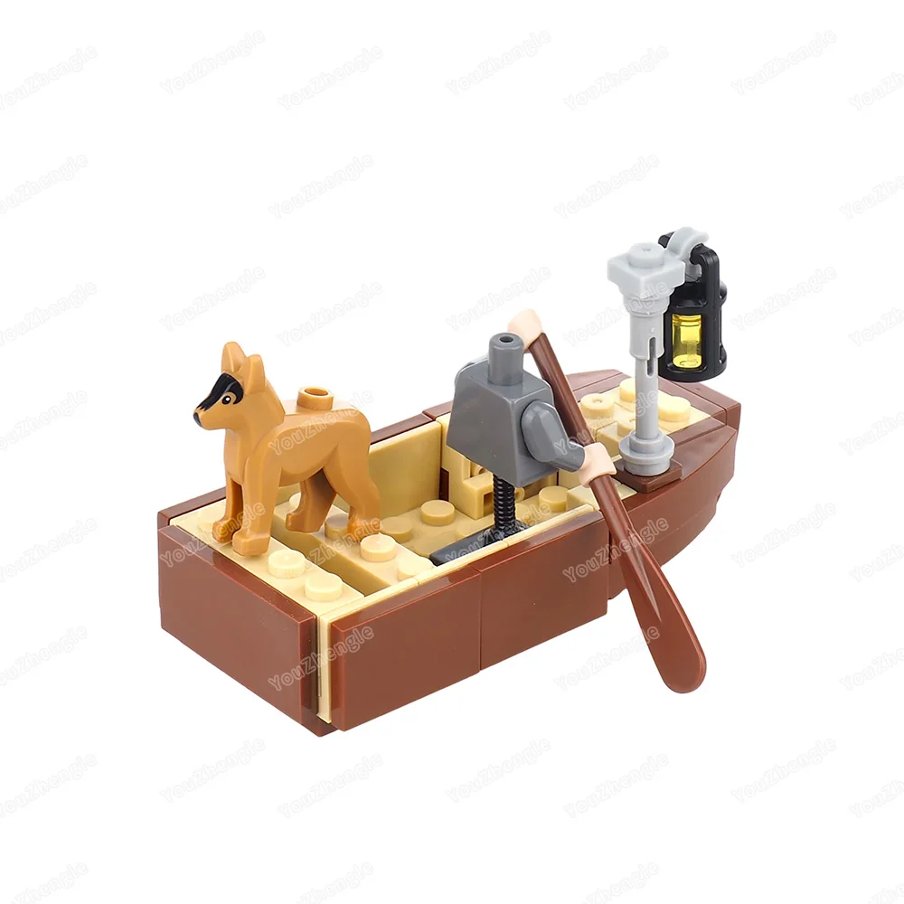 Bloc de construction de bateau en bois à rame unique, figurines MOC, lanterne de pêche pour chien de compagnie, équipement de scène assortie, modèle de lieu, jouet cadeau