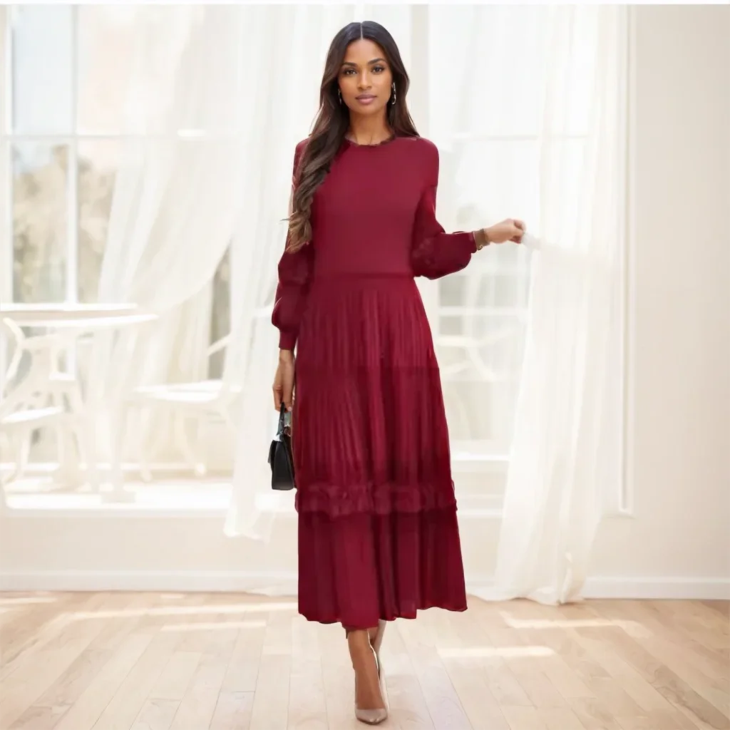 

Miyake Pleated Dress Women 2026 New Solid Color French Lace Stitching O-neck Long-sleeved Loose Large Size Elegant Pleated Skirt