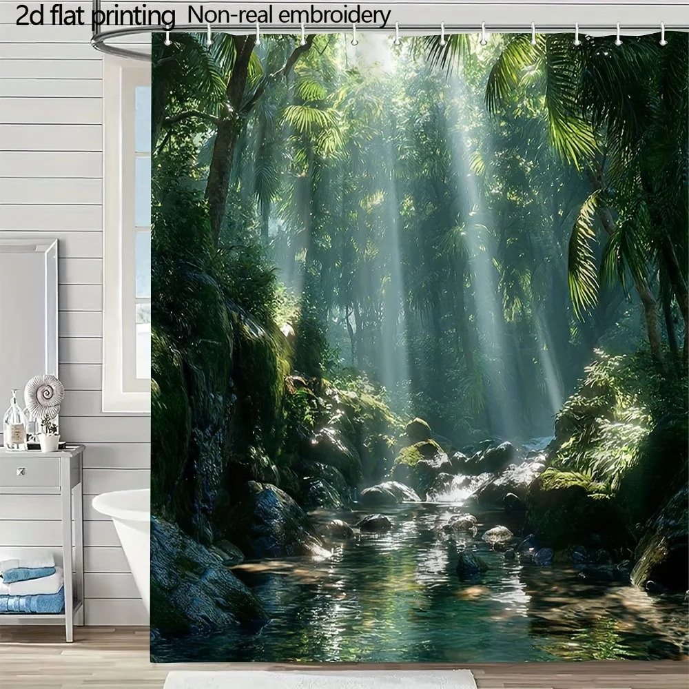 Digital Jungle Stream Illustration Shower Curtain 1pc with 12 Hooks for Bathroom Home Decor Polyester  70.8x70.8 Inch