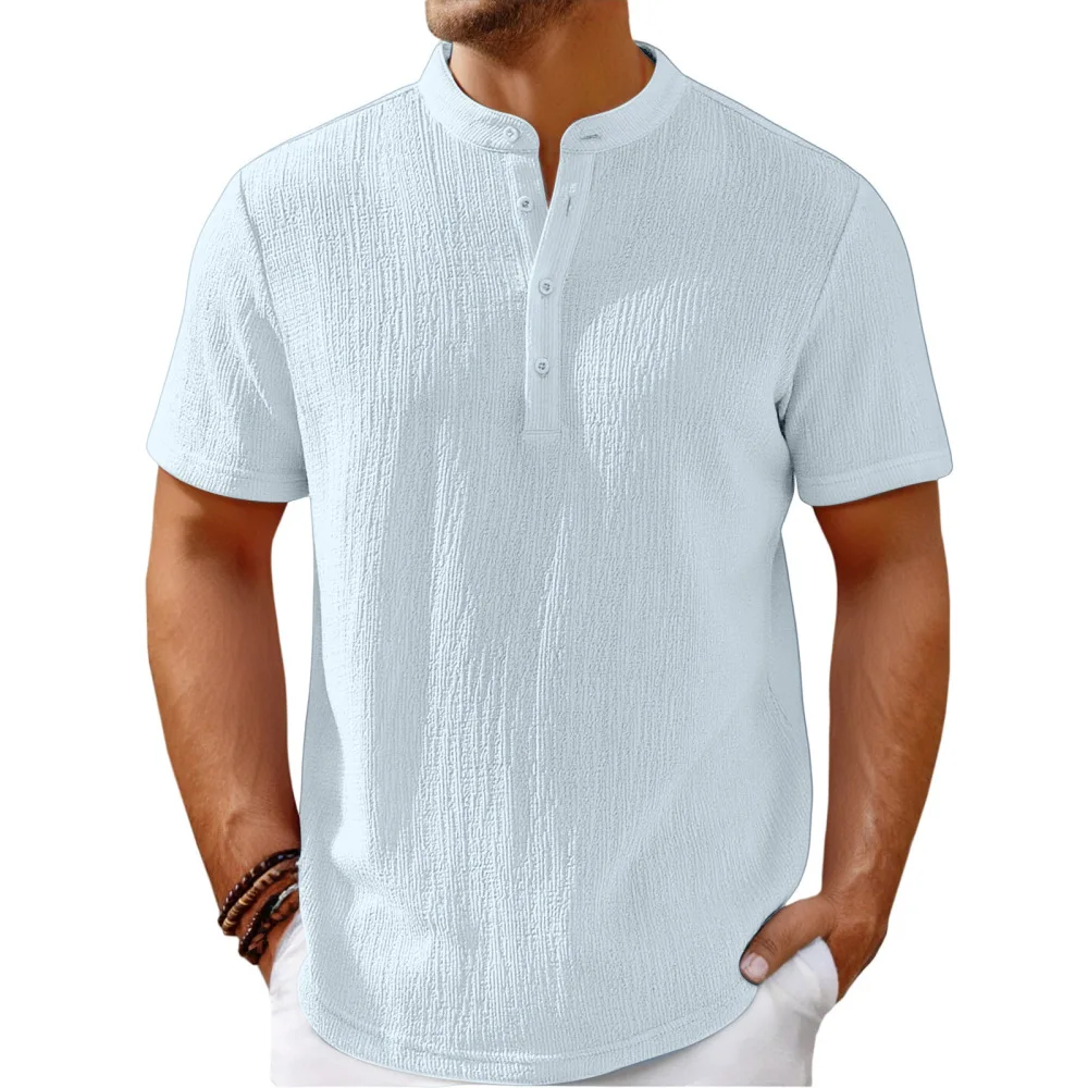 Mens Striped Henley Shirt Casual Loose Fitting Cotton Blend Retro Style Breathable Summer Fashion Short Sleeve Tee Top
