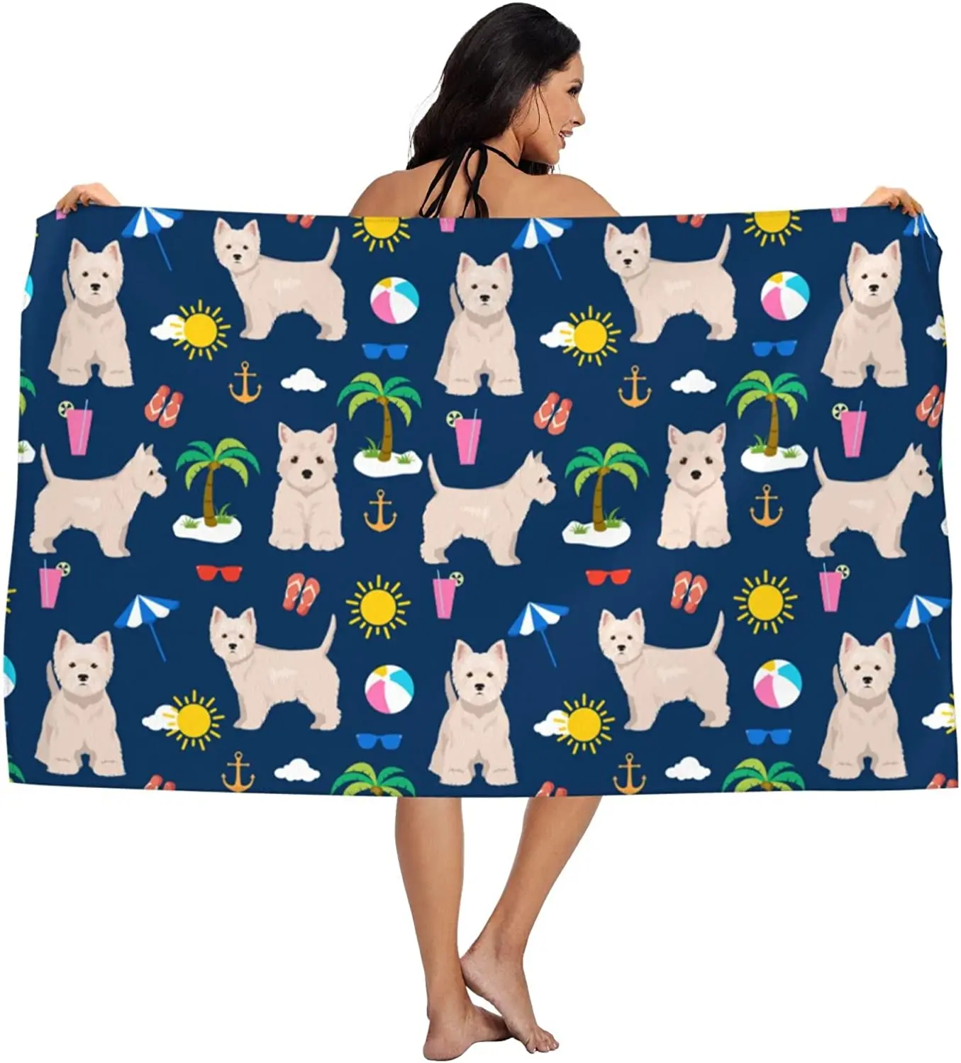 

Cute Dog Beach Towel Westie Gifts Cute Wihte Dogs Terrier Puppy Summer Tropical Hawaii Hawaiian Dark Blue Bath Towel Microfiber