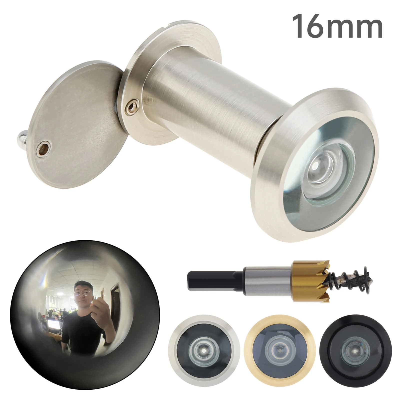 16 mm 200 Degree HD Door Viewer Peephole Security Peek Peep Holes HSS Drill Bit for 35-55 mm Door Thickness with Rotating Cover