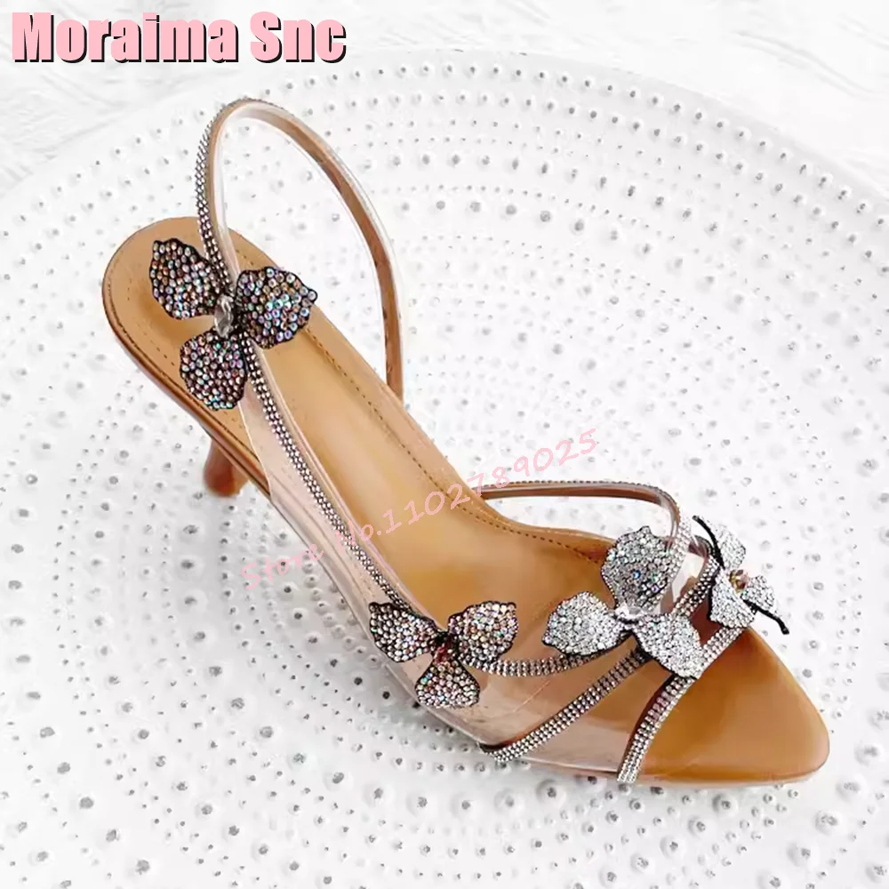 

Luxury Crystal Flower Clear PVC Sandals Back Strap Stiletto High Heel Pointed Toe Sexy Elegant Women Dress Shoes Banquet Summer