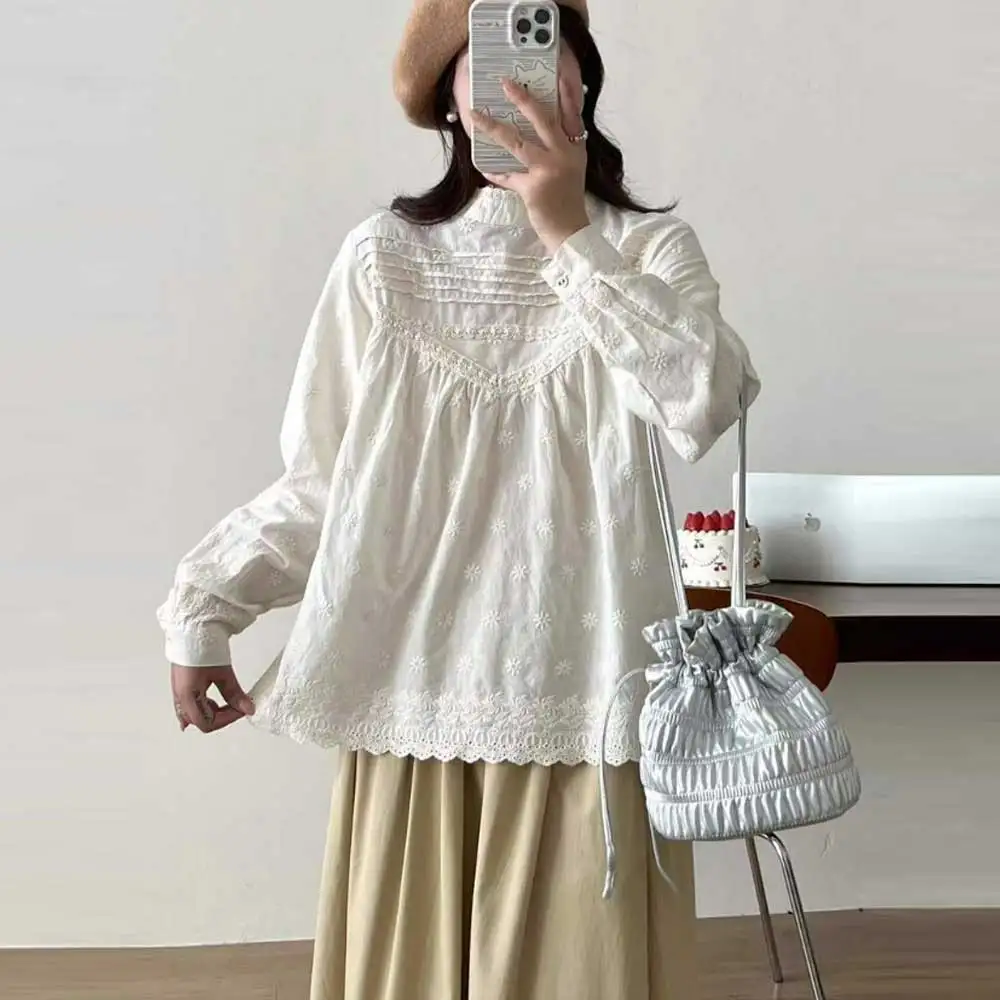 

Women Mori Kei Clothing Solid Color Embroidery Cotton Doll Shirts Spring Autumn Stand Collar Long Sleeve Casual Pullover Blouse