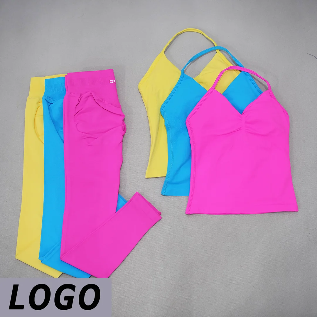 DF Women's two-piece seamless sports suit V-neck vest yoga short high waisted lifting buttocks leggings breathable running