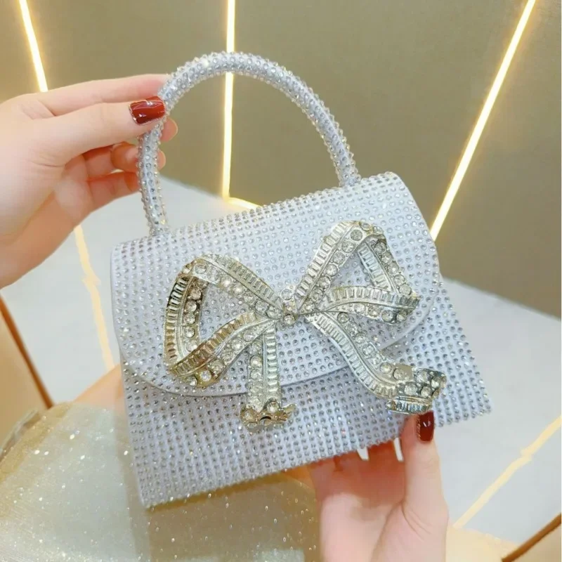 

Women Sparkling Full Rhinestone Top Handle Bag Luxury Crystal Bow Evening Clutch Bag Detachable Chain Crossbody Purse for Party