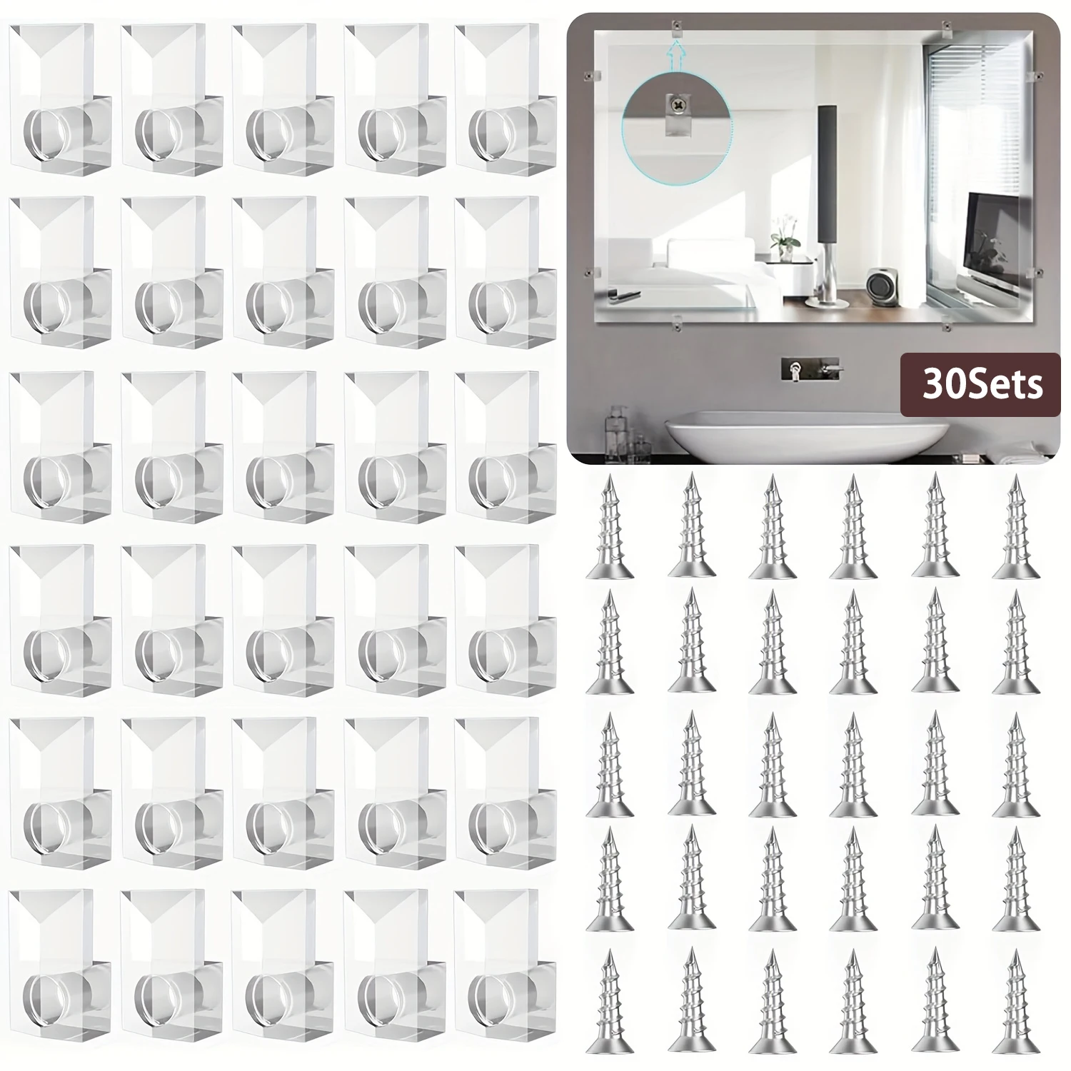 30Sets Mirror Holder Clips Mirror Mounting Hardware with Screw for Fixing Mirror Cabinet Door Clear Mirror Hanging Hardware