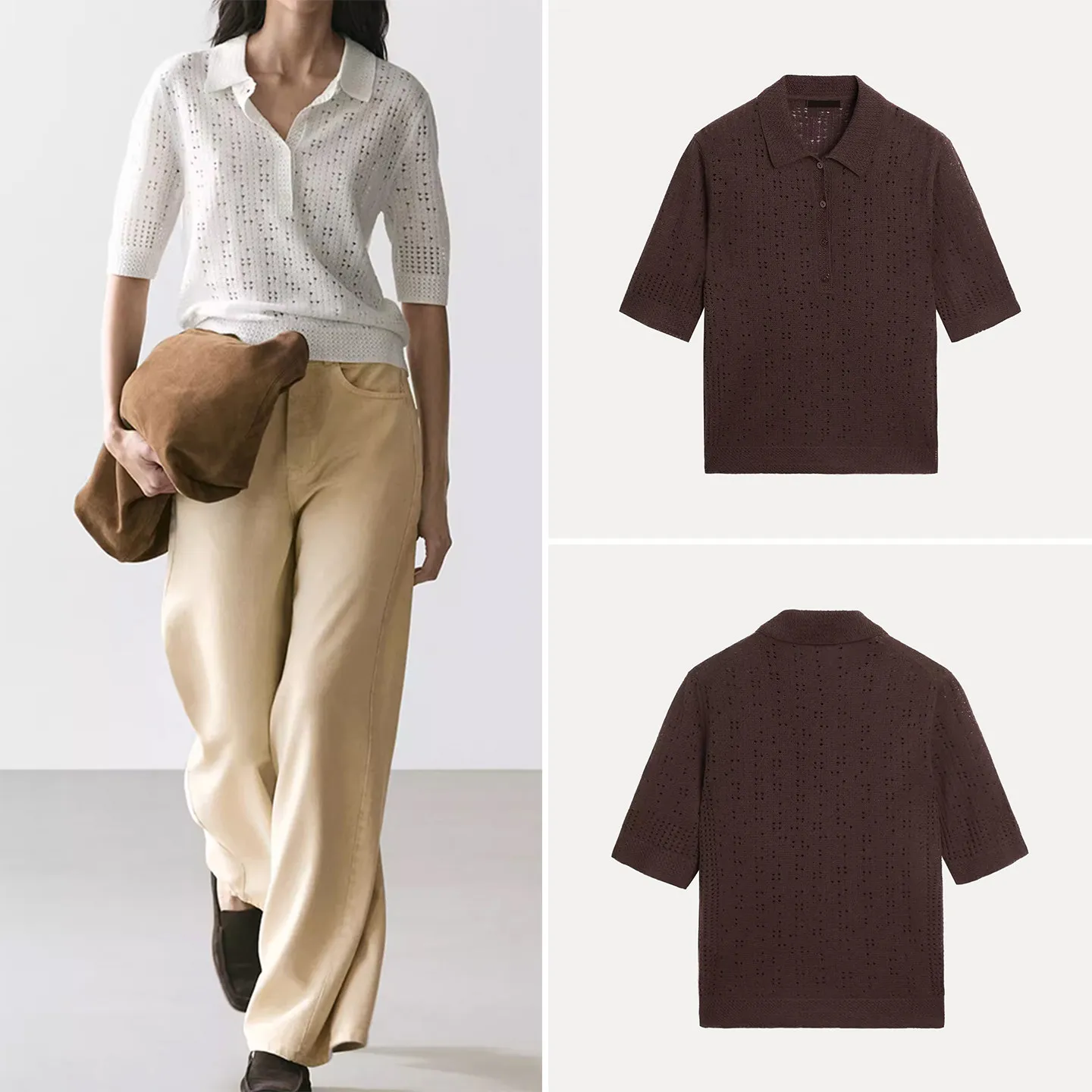 

Women's Fashionable Knitted Hollow out Short Sleeve Shirt Spring 2026 Simple Casual Loose Fit Regular Sleeve Button up