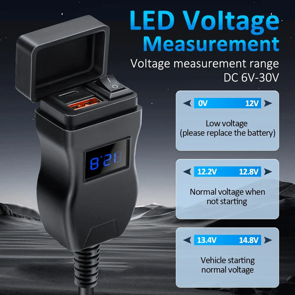 Anchtek Motorcycle Vehicle-Mounted Charger Waterproof Adapter 12V Phone USB PD Ports Quick Charge 3.0 With Switch Moto Accessory