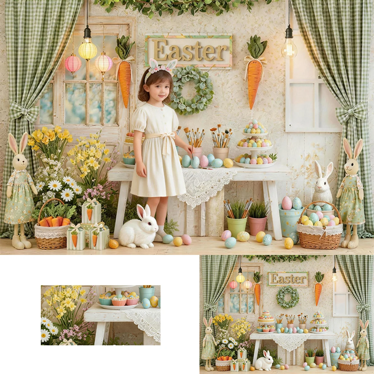 Easter Charming Kitchen Backdrops Easter Sign Bunny Figurines Colorful Treats Spring Decor Ideal Dessert Backgrounds