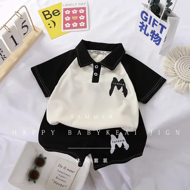 

New Summer Kids Sports Clothes Sets Boys Girls Letter Print Short Sleeve Lapel Polo Shirt Top + Shorts Baby Casual Sports Suit