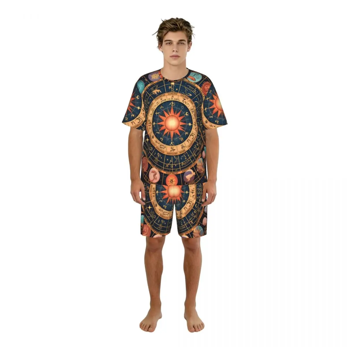 

Men's Casual Pajama Set Short Sleeve T-shirt Shorts Horoscope With Zodiac Sign Pattern Home Clothes Sleep Suit
