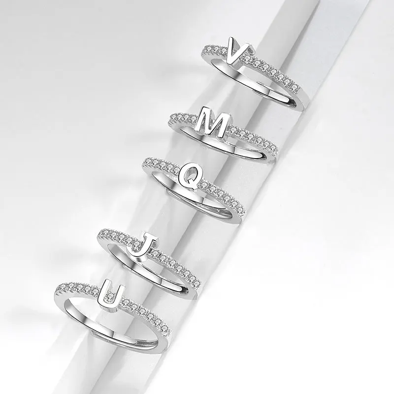 VENTFILLE 925 Sterling Silver 26 English Letter Zircon Diamond Studded Ring Adjustable For Women Gift Jewelry Dropshipping - Detail 1