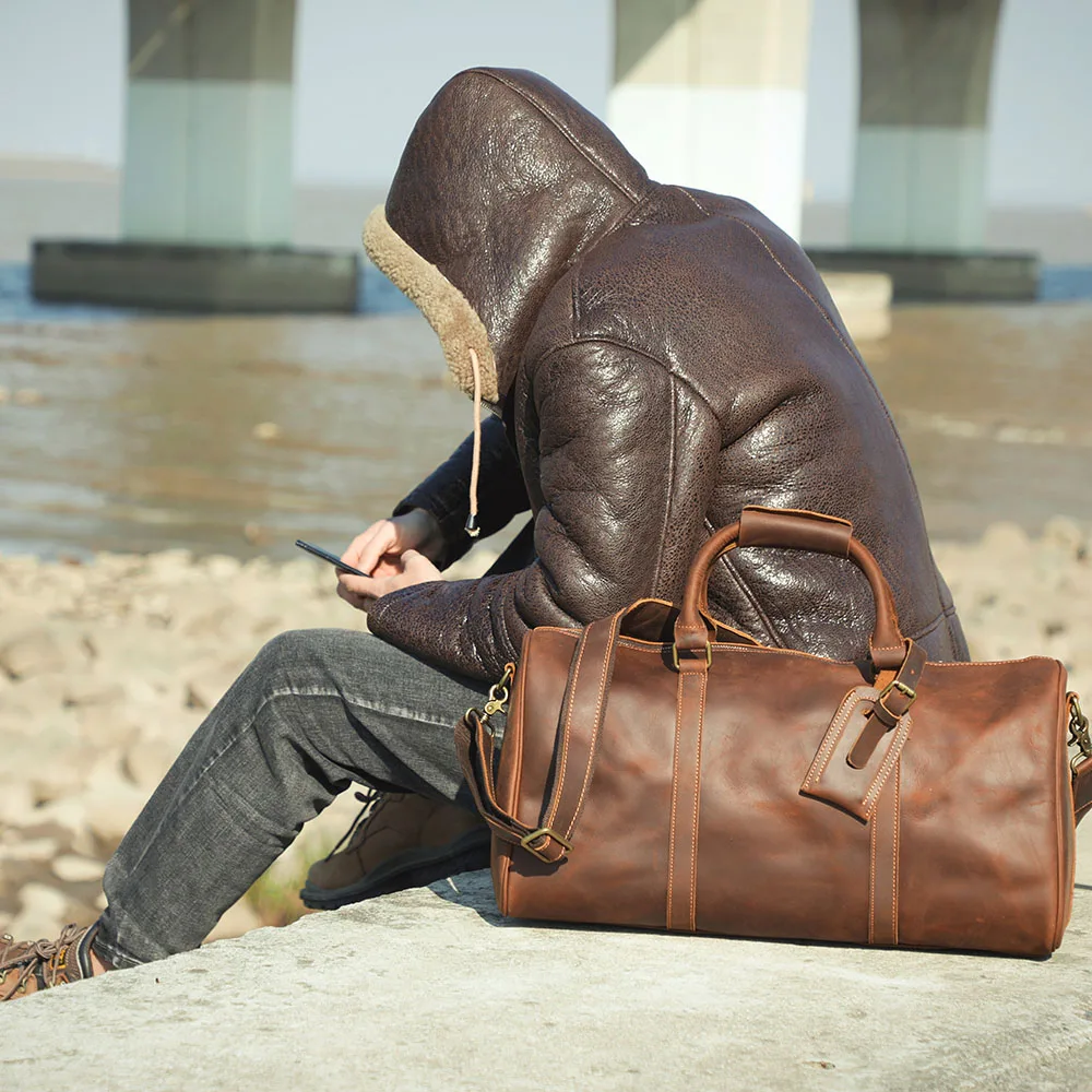 S.WORKER Vollnarbenleder-Reisetasche Große Kapazität Weekender-Reisetasche Echtleder-Sporttasche für Herren – Detail 4